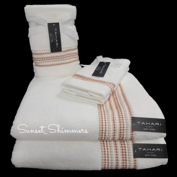 6pc TAHARI Rust Tan Ombre Dot Stripe Luxury Plush Bath Hand Tip Towel Set